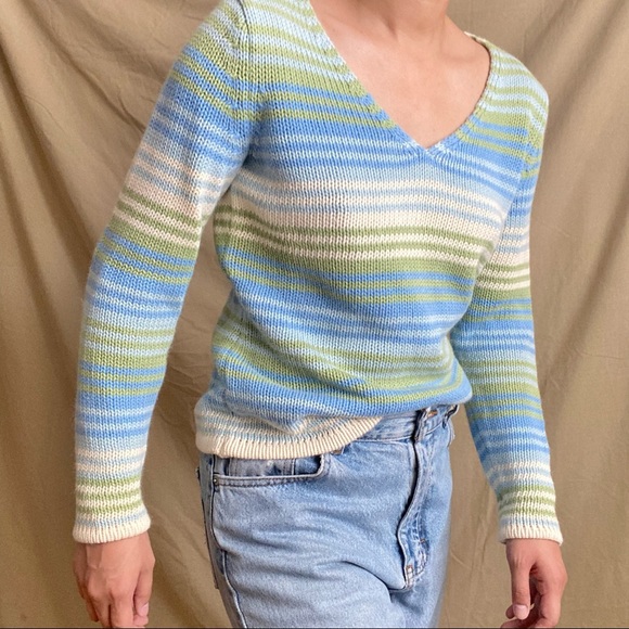 🚫SOLD🚫 Multicolored Striped Sweater 💙🤍💚 - Picture 2 of 4
